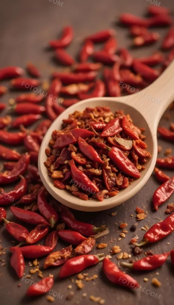 A Wooden Spoon Filled With Red Chili Peppers On A Bed Of Dried Chili Flakes 10 7723