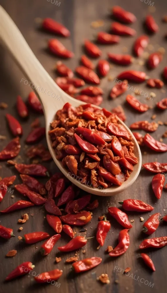 A Wooden Spoon Filled With Red Chili Peppers On A Bed Of Dried Chili Flakes 11 D61b