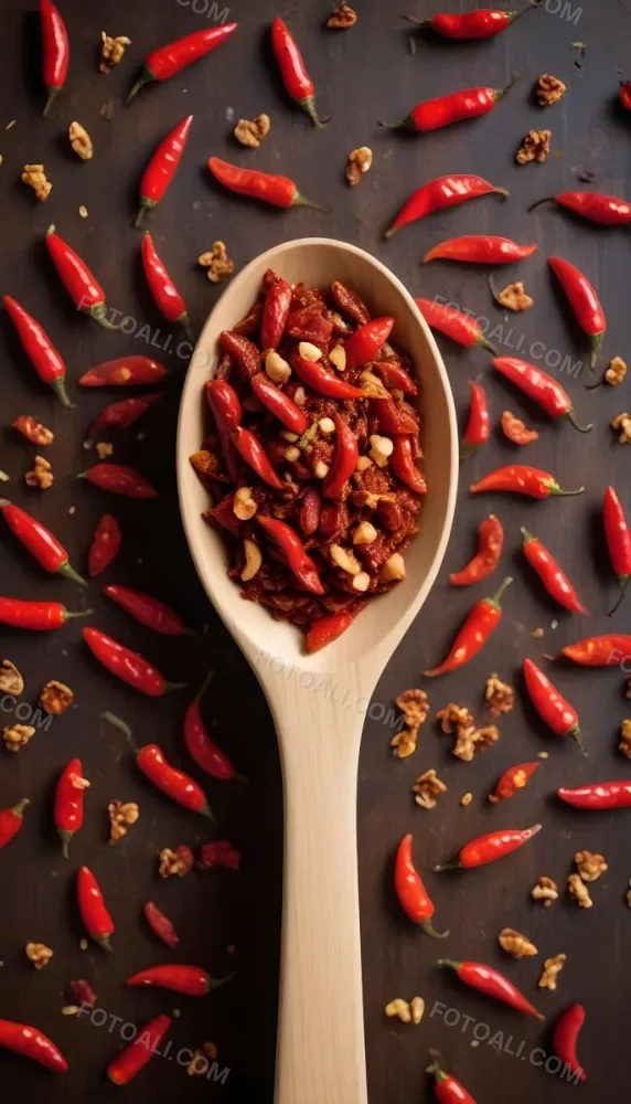 A Wooden Spoon Filled With Red Chili Peppers On A Bed Of Dried Chili Flakes 13 B6a5