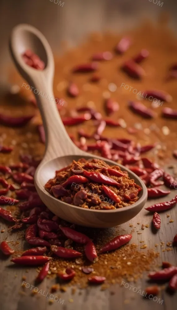 A Wooden Spoon Filled With Red Chili Peppers On A Bed Of Dried Chili Flakes 15 F4eb