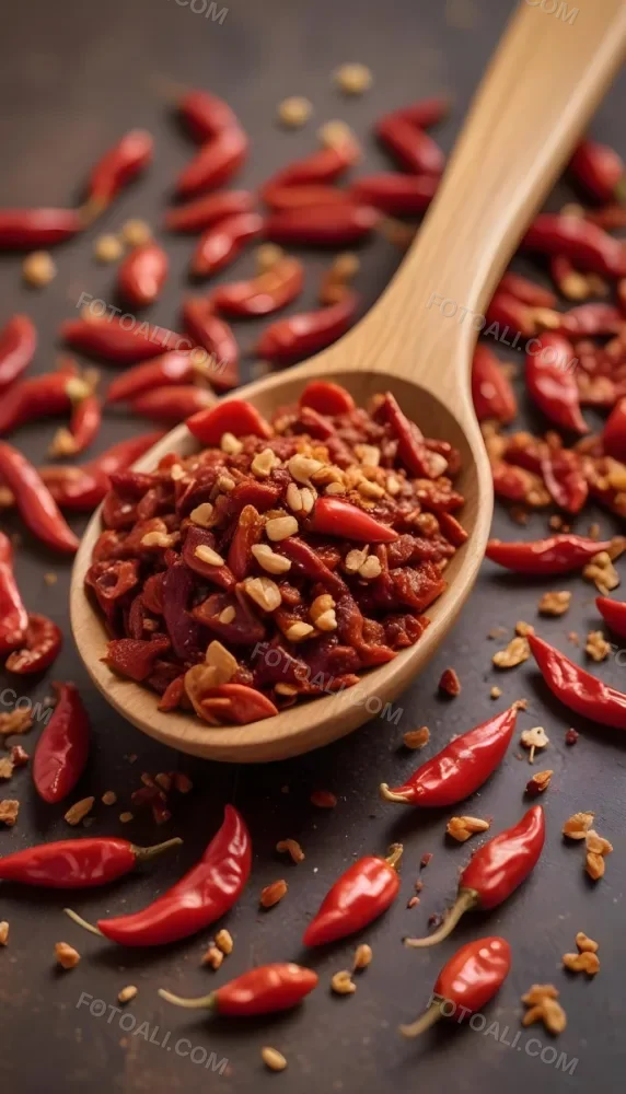 A Wooden Spoon Filled With Red Chili Peppers On A Bed Of Dried Chili Flakes 2 6784
