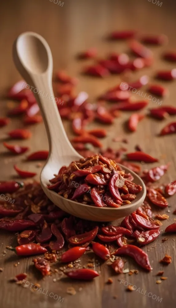 A Wooden Spoon Filled With Red Chili Peppers On A Bed Of Dried Chili Flakes 3 Db2c
