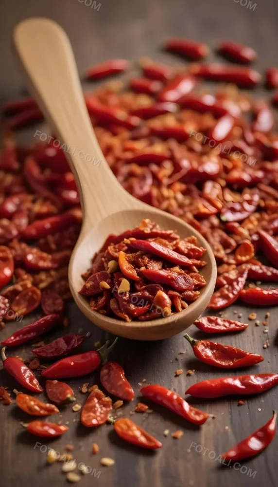 A Wooden Spoon Filled With Red Chili Peppers On A Bed Of Dried Chili Flakes 4 B76b