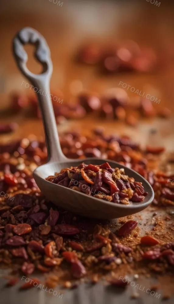 A Wooden Spoon Filled With Red Chili Peppers On A Bed Of Dried Chili Flakes 8 D2cb