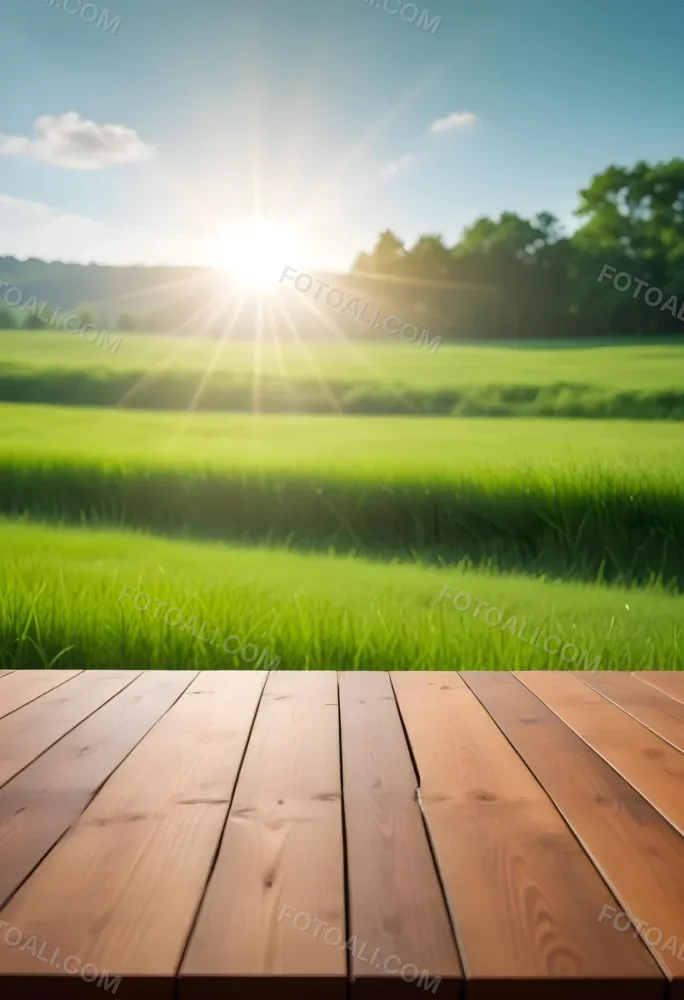 A Wooden Table With A Green Field In The Background The Sun Is Shining And The Sky Is Clear The Grass Is Green And Lush 15 745f