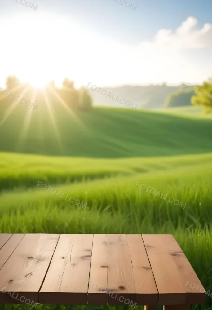 A Wooden Table With A Green Field In The Background The Sun Is Shining And The Sky Is Clear The Grass Is Green And Lush 20 E407