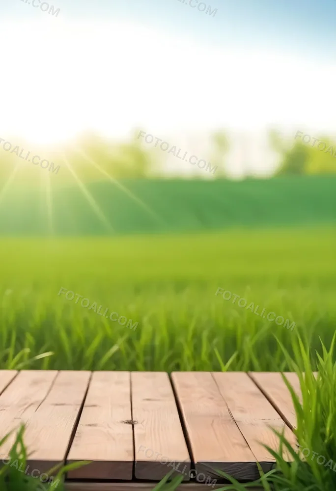 A Wooden Table With A Green Field In The Background The Sun Is Shining And The Sky Is Clear The Grass Is Green And Lush 22 11b8