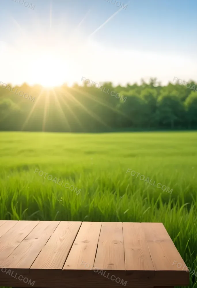 A Wooden Table With A Green Field In The Background The Sun Is Shining And The Sky Is Clear The Grass Is Green And Lush 26 Fa5a