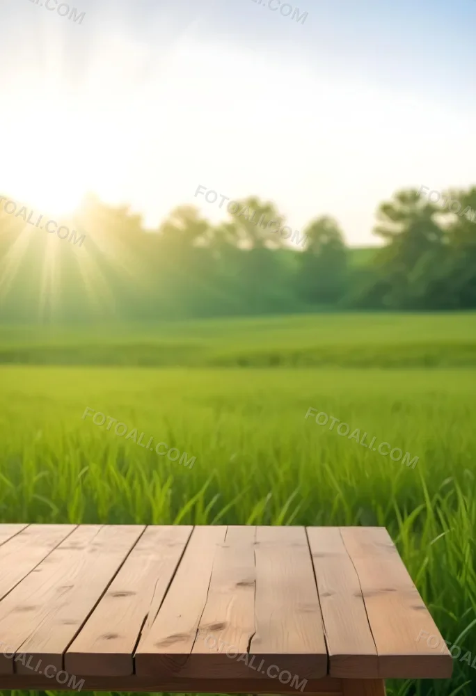 A Wooden Table With A Green Field In The Background The Sun Is Shining And The Sky Is Clear The Grass Is Green And Lush 31 6f13