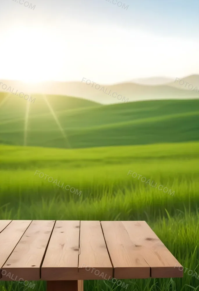 A Wooden Table With A Green Field In The Background The Sun Is Shining And The Sky Is Clear The Grass Is Green And Lush 35 48e6
