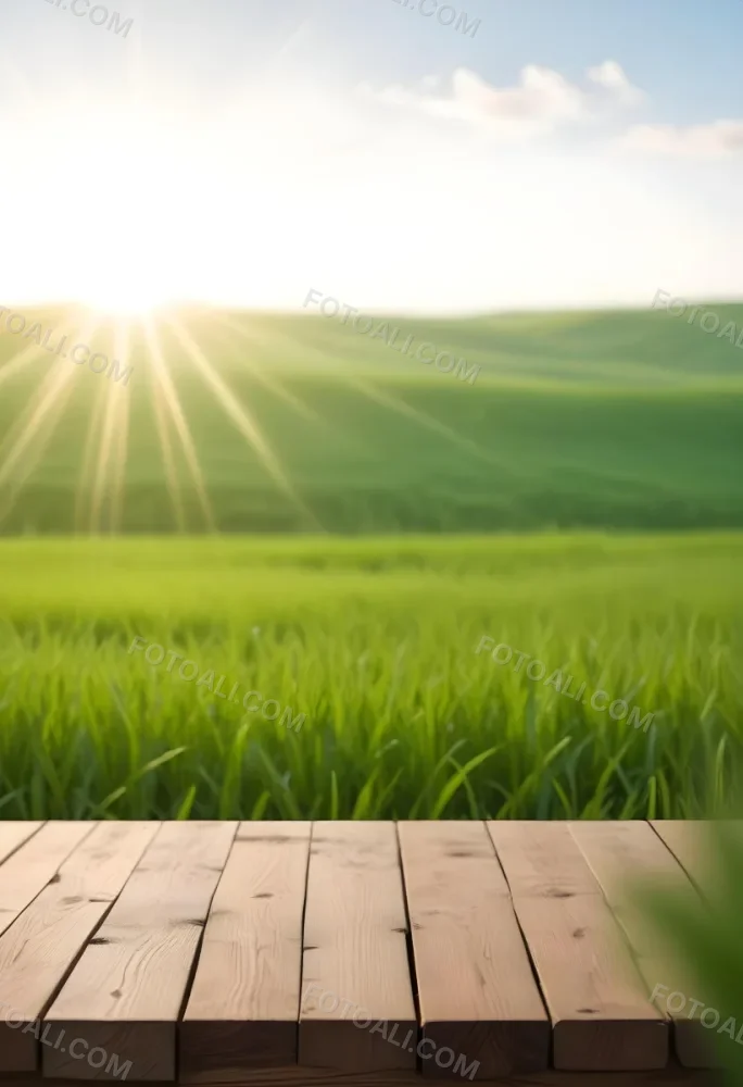 A Wooden Table With A Green Field In The Background The Sun Is Shining And The Sky Is Clear The Grass Is Green And Lush 43 29ac