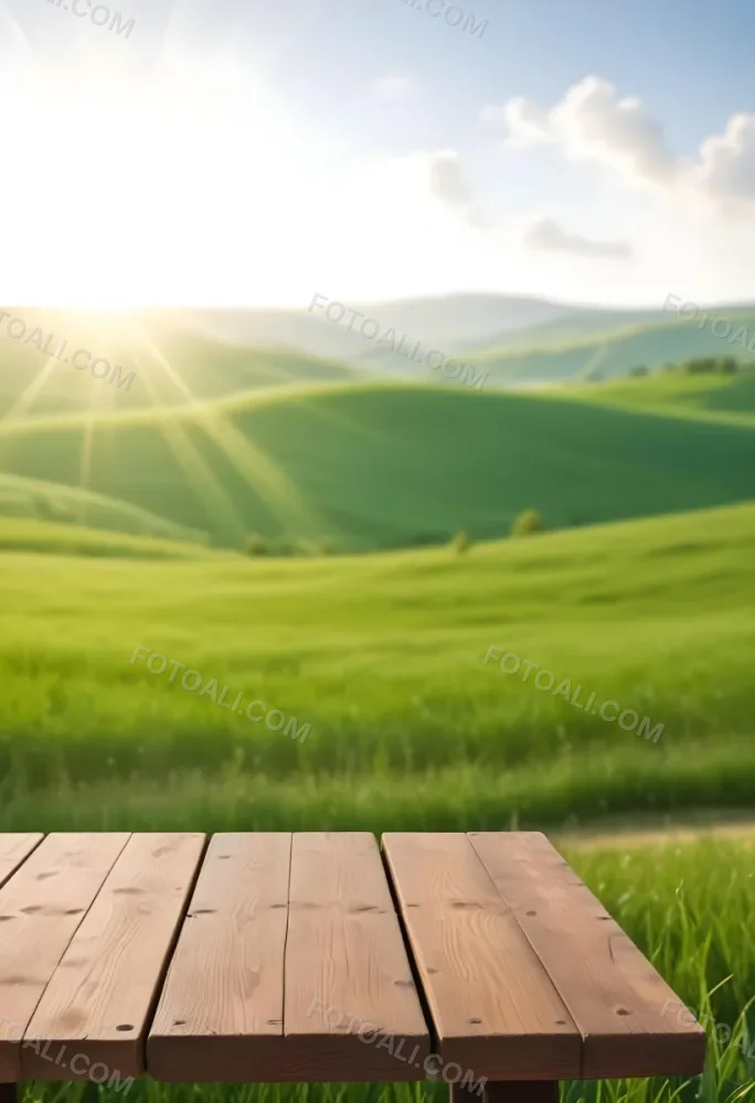 A Wooden Table With A Green Field In The Background The Sun Is Shining And The Sky Is Clear The Grass Is Green And Lush 51 Cde0
