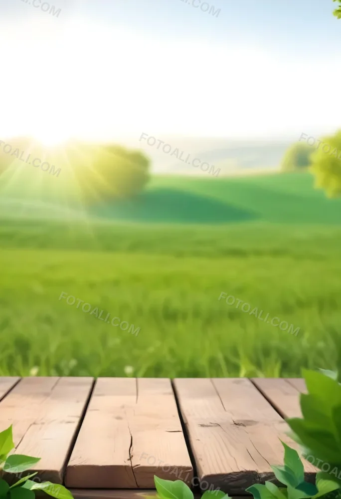 A Wooden Table With A Green Field In The Background The Sun Is Shining And The Sky Is Clear The Grass Is Green And Lush 53 D3de