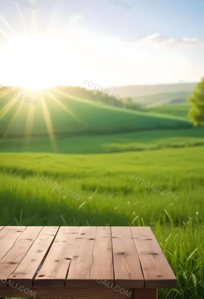 A Wooden Table With A Green Field In The Background The Sun Is Shining And The Sky Is Clear The Grass Is Green And Lush 55 Ea99