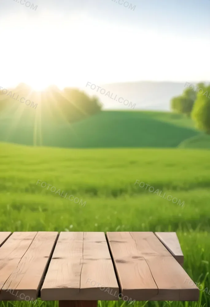 A Wooden Table With A Green Field In The Background The Sun Is Shining And The Sky Is Clear The Grass Is Green And Lush 57 Cac7