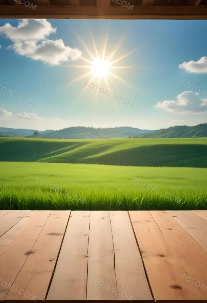 A Wooden Table With A Green Field In The Background The Sun Is Shining And The Sky Is Clear The Grass Is Green And Lush 58 01a5