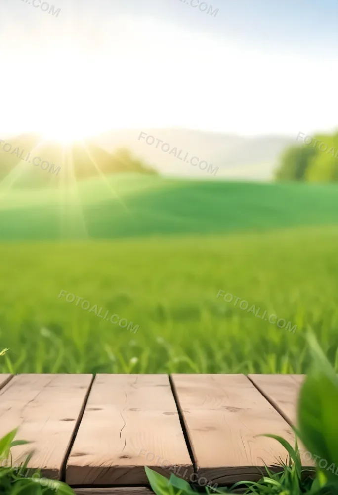 A Wooden Table With A Green Field In The Background The Sun Is Shining And The Sky Is Clear The Grass Is Green And Lush 6 F806