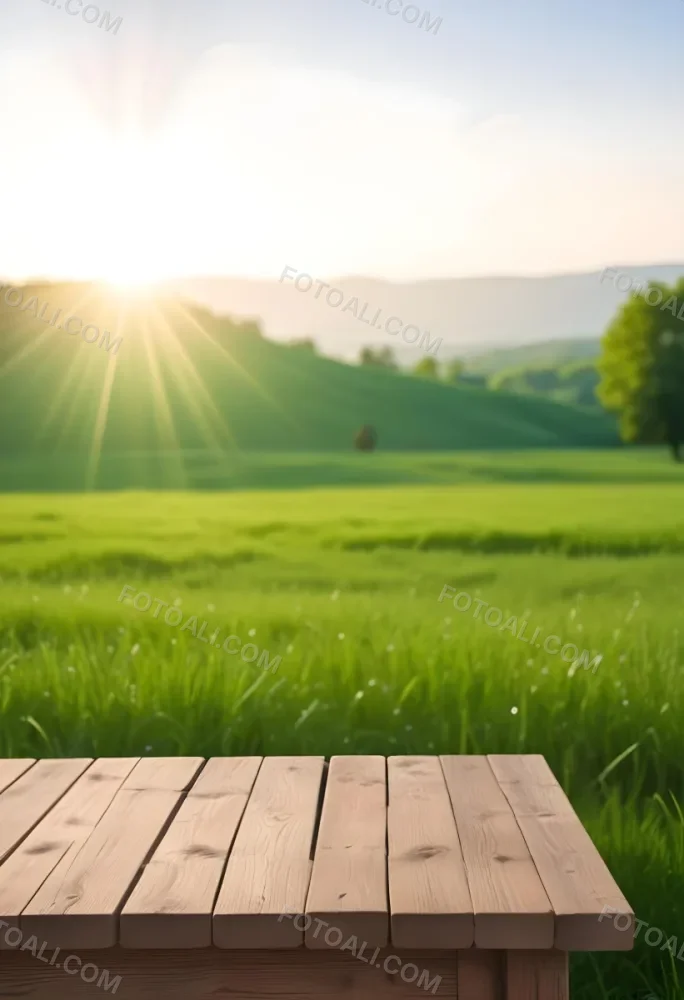 A Wooden Table With A Green Field In The Background The Sun Is Shining And The Sky Is Clear The Grass Is Green And Lush 8 E69a