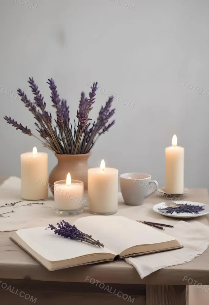 A Wooden Table With A Notebook A Pen A Cup Of Coffee And Some Lit Candles In The Background There Is A Vase With Dried Lavender Flowers The Scene Is Set In Daylight With Soft Natural Light 1 4dbb