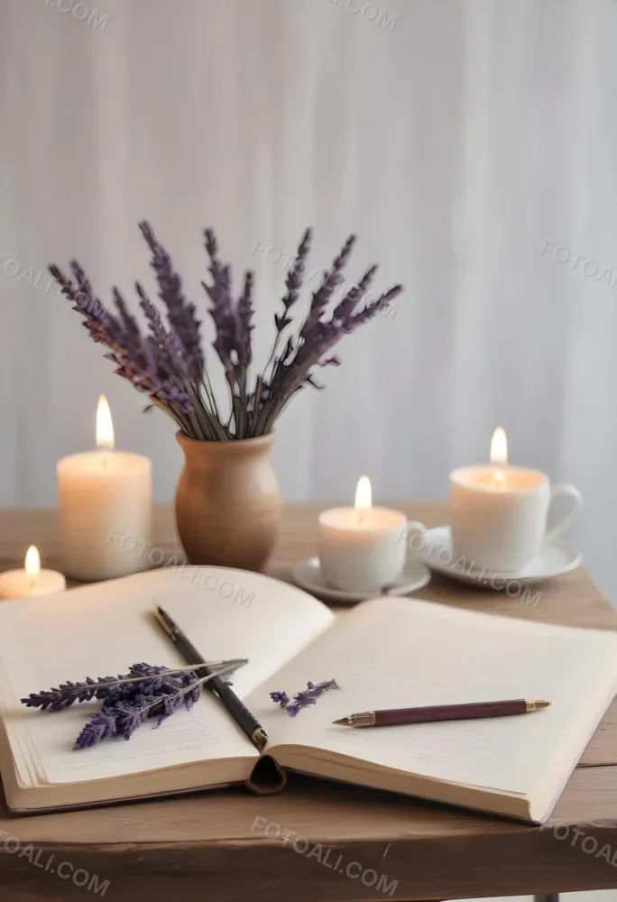 A Wooden Table With A Notebook A Pen A Cup Of Coffee And Some Lit Candles In The Background There Is A Vase With Dried Lavender Flowers The Scene Is Set In Daylight With Soft Natural Light 2 7c2a