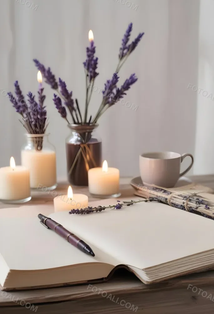 A Wooden Table With A Notebook A Pen A Cup Of Coffee And Some Lit Candles In The Background There Is A Vase With Dried Lavender Flowers The Scene Is Set In Daylight With Soft Natural Light 3 9a50