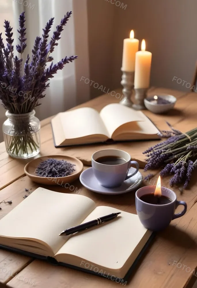A Wooden Table With A Notebook A Pen A Cup Of Coffee And Some Lit Candles In The Background There Is A Vase With Dried Lavender Flowers The Scene Is Set In Daylight With Soft Natural Light 4 760d