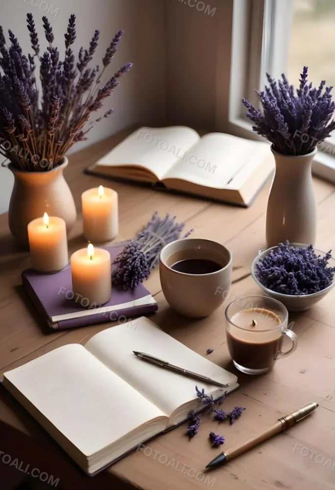 A Wooden Table With A Notebook A Pen A Cup Of Coffee And Some Lit Candles In The Background There Is A Vase With Dried Lavender Flowers The Scene Is Set In Daylight With Soft Natural Light 5 D039