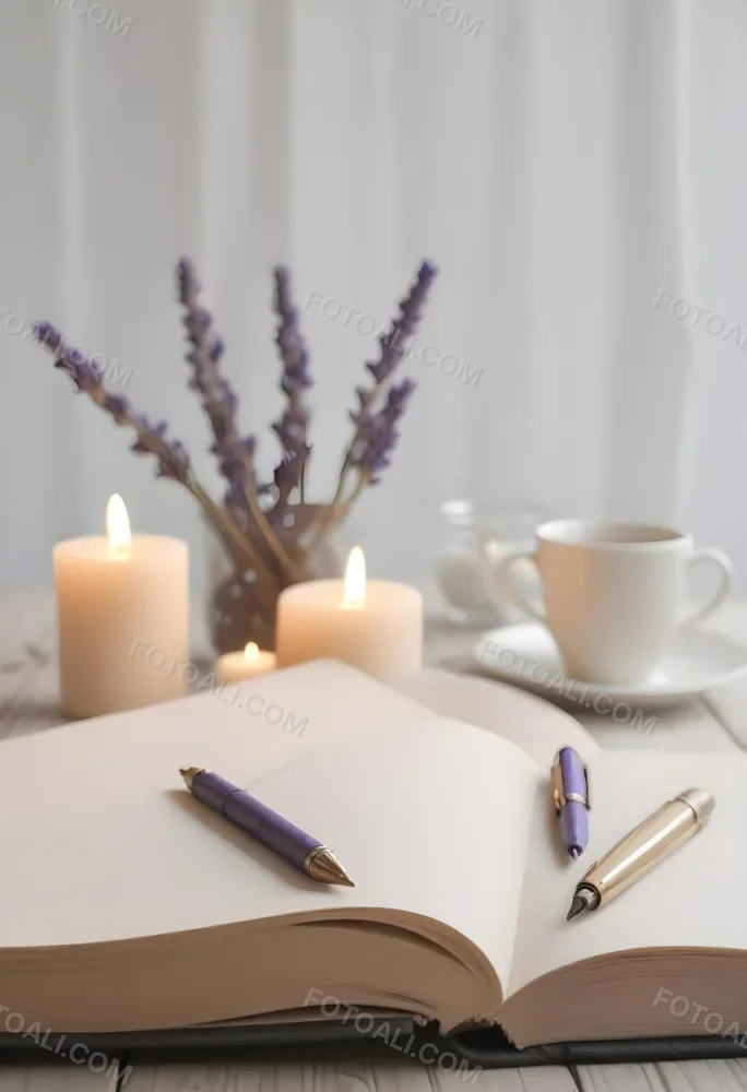A Wooden Table With A Notebook A Pen A Cup Of Coffee And Some Lit Candles In The Background There Is A Vase With Dried Lavender Flowers The Scene Is Set In Daylight With Soft Natural Light 8 5dc5
