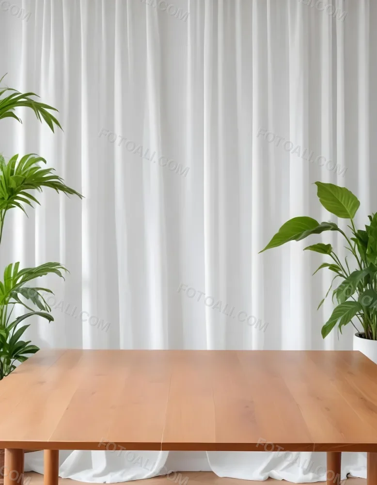 A Wooden Table With Plants On Top Of It In Front Of A White Curtain Bright And Clean Environment 10 99c6