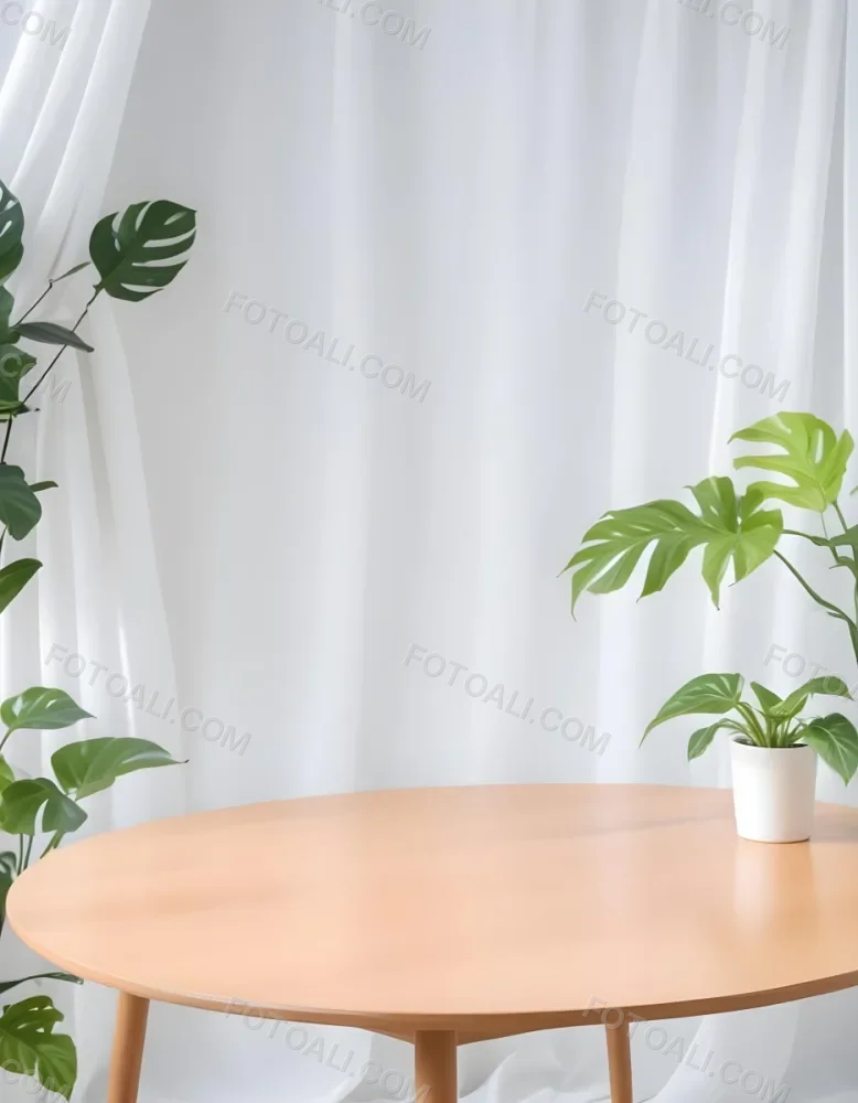 A Wooden Table With Plants On Top Of It In Front Of A White Curtain Bright And Clean Environment 12 40de