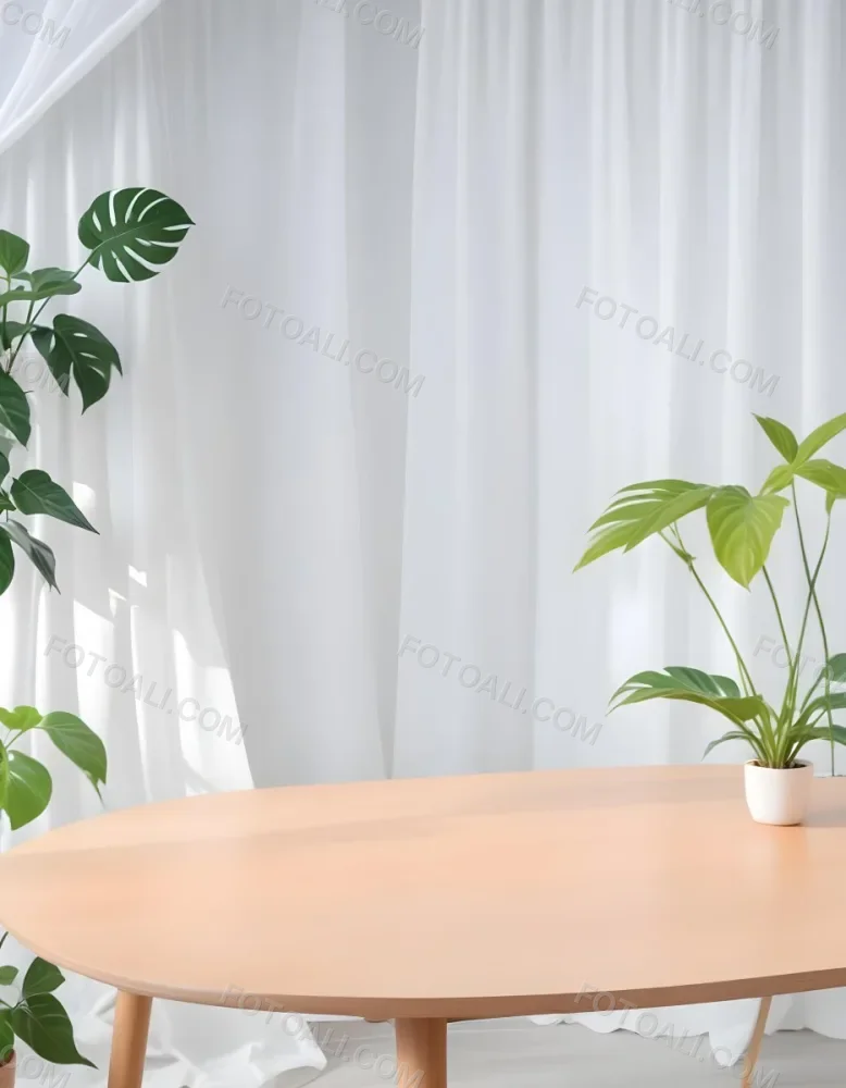 A Wooden Table With Plants On Top Of It In Front Of A White Curtain Bright And Clean Environment 16 36c5