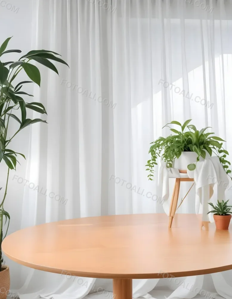 A Wooden Table With Plants On Top Of It In Front Of A White Curtain Bright And Clean Environment 23 Acde