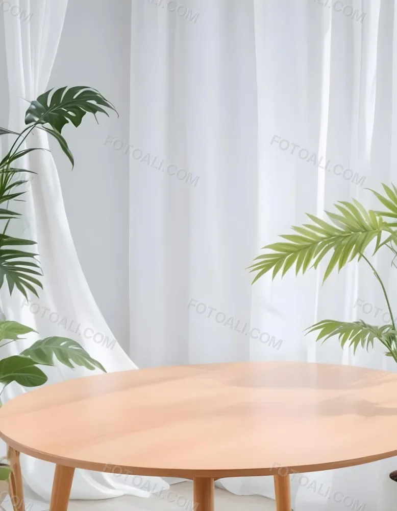 A Wooden Table With Plants On Top Of It In Front Of A White Curtain Bright And Clean Environment 24 A531