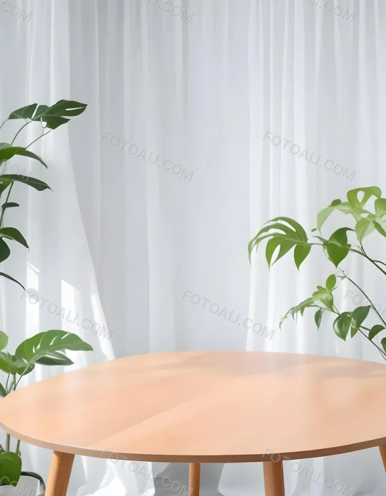 A Wooden Table With Plants On Top Of It In Front Of A White Curtain Bright And Clean Environment 27 55d3