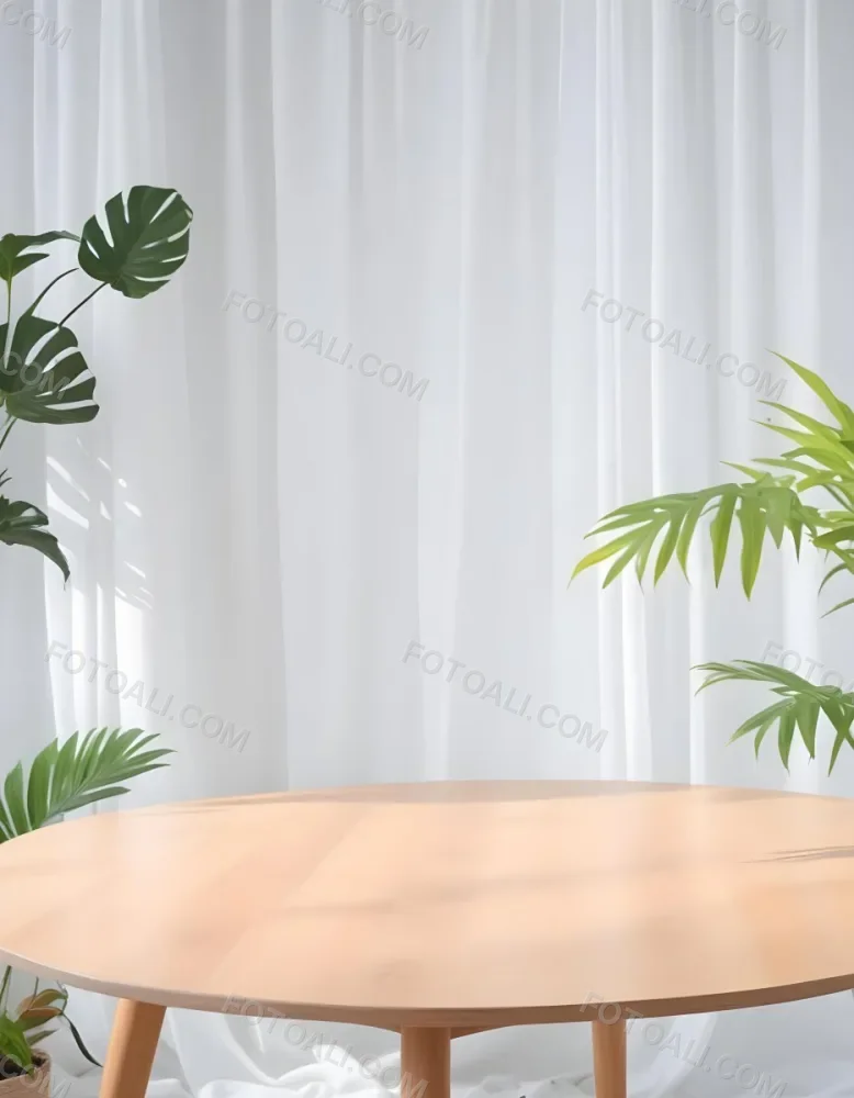 A Wooden Table With Plants On Top Of It In Front Of A White Curtain Bright And Clean Environment 28 C660