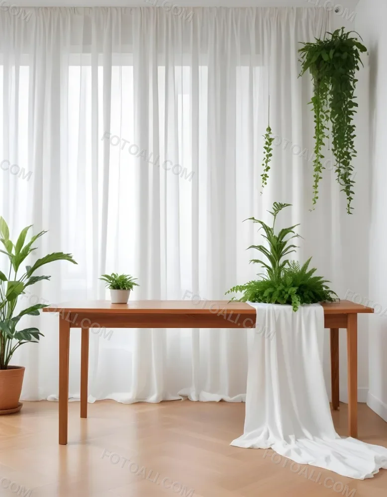 A Wooden Table With Plants On Top Of It In Front Of A White Curtain Bright And Clean Environment 3 0875