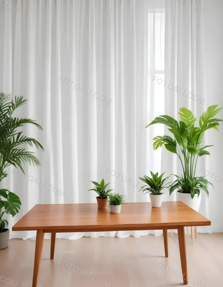 A Wooden Table With Plants On Top Of It In Front Of A White Curtain Bright And Clean Environment 6 Af3d