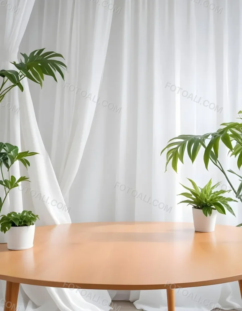 A Wooden Table With Plants On Top Of It In Front Of A White Curtain Bright And Clean Environment 7 9014