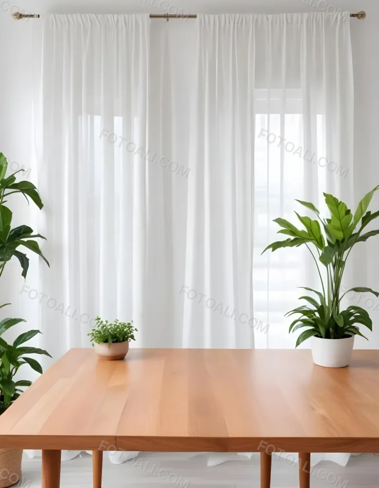 A Wooden Table With Plants On Top Of It In Front Of A White Curtain Bright And Clean Environment 9 1809
