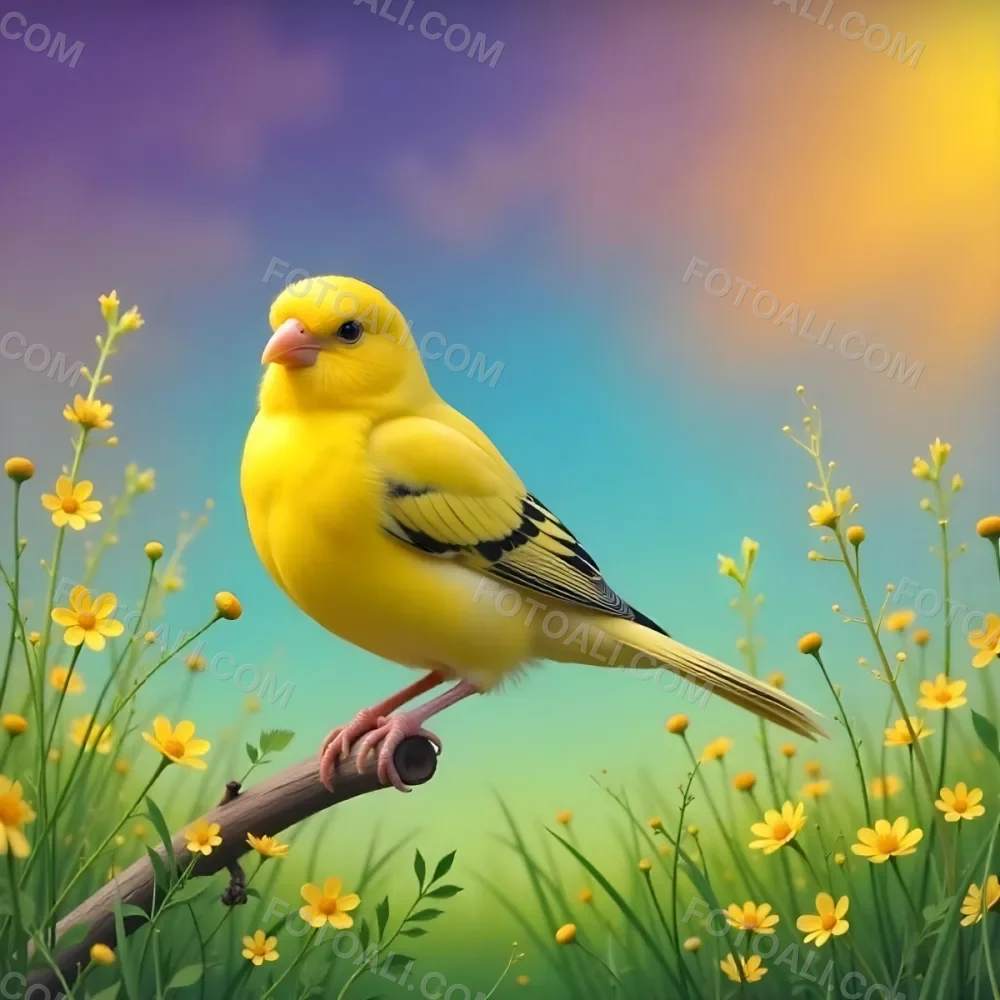 A Yellow Canary With Yellow Wings And Yellow Tail Perched On A Branch Surrounded By Yellow Flowers And Green Grass With A Colorful Sky Background 28 Baba