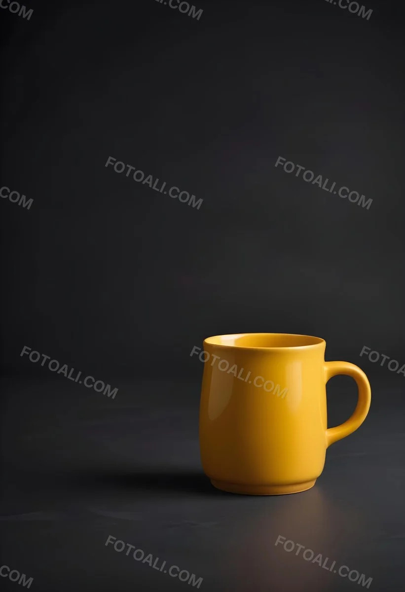 A Yellow Ceramic Mug With A Handle Standing On A Dark Surface Against A Dark Background Minimalist Composition Studio Lighting Clean And Simple 21 C26f