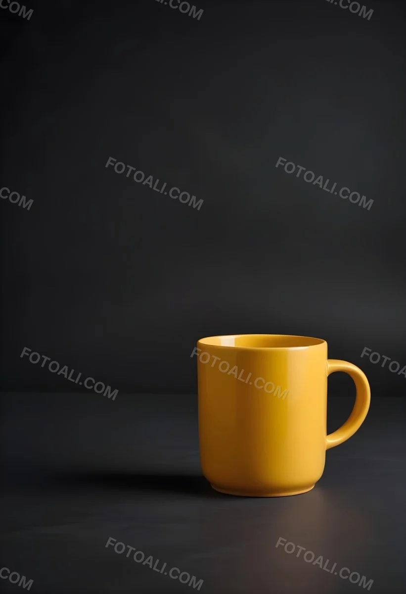 A Yellow Ceramic Mug With A Handle Standing On A Dark Surface Against A Dark Background Minimalist Composition Studio Lighting Clean And Simple 22 91a6