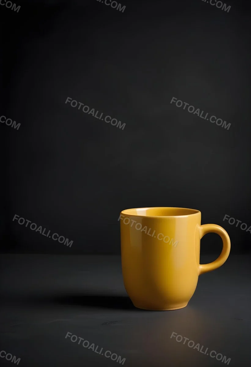 A Yellow Ceramic Mug With A Handle Standing On A Dark Surface Against A Dark Background Minimalist Composition Studio Lighting Clean And Simple 25 A2f6