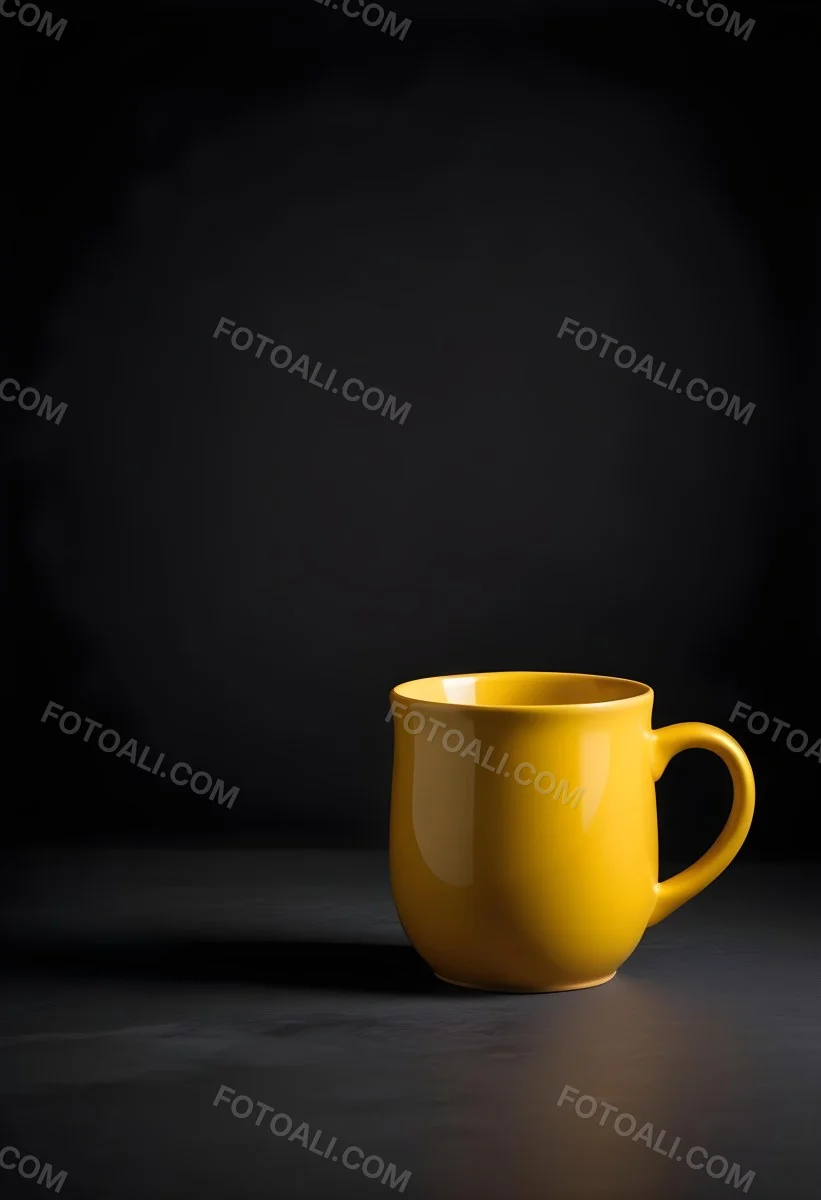 A Yellow Ceramic Mug With A Handle Standing On A Dark Surface Against A Dark Background Minimalist Composition Studio Lighting Clean And Simple 28 D207