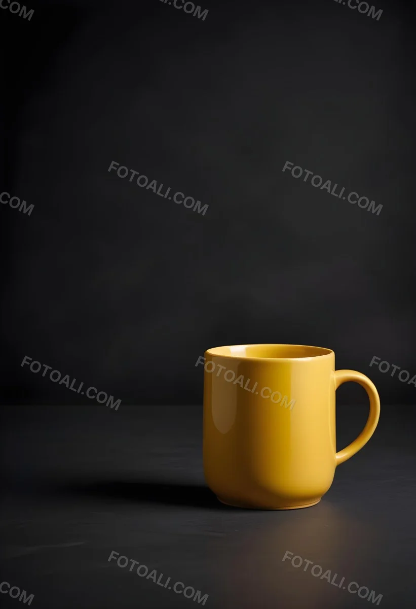 A Yellow Ceramic Mug With A Handle Standing On A Dark Surface Against A Dark Background Minimalist Composition Studio Lighting Clean And Simple 31 04b4