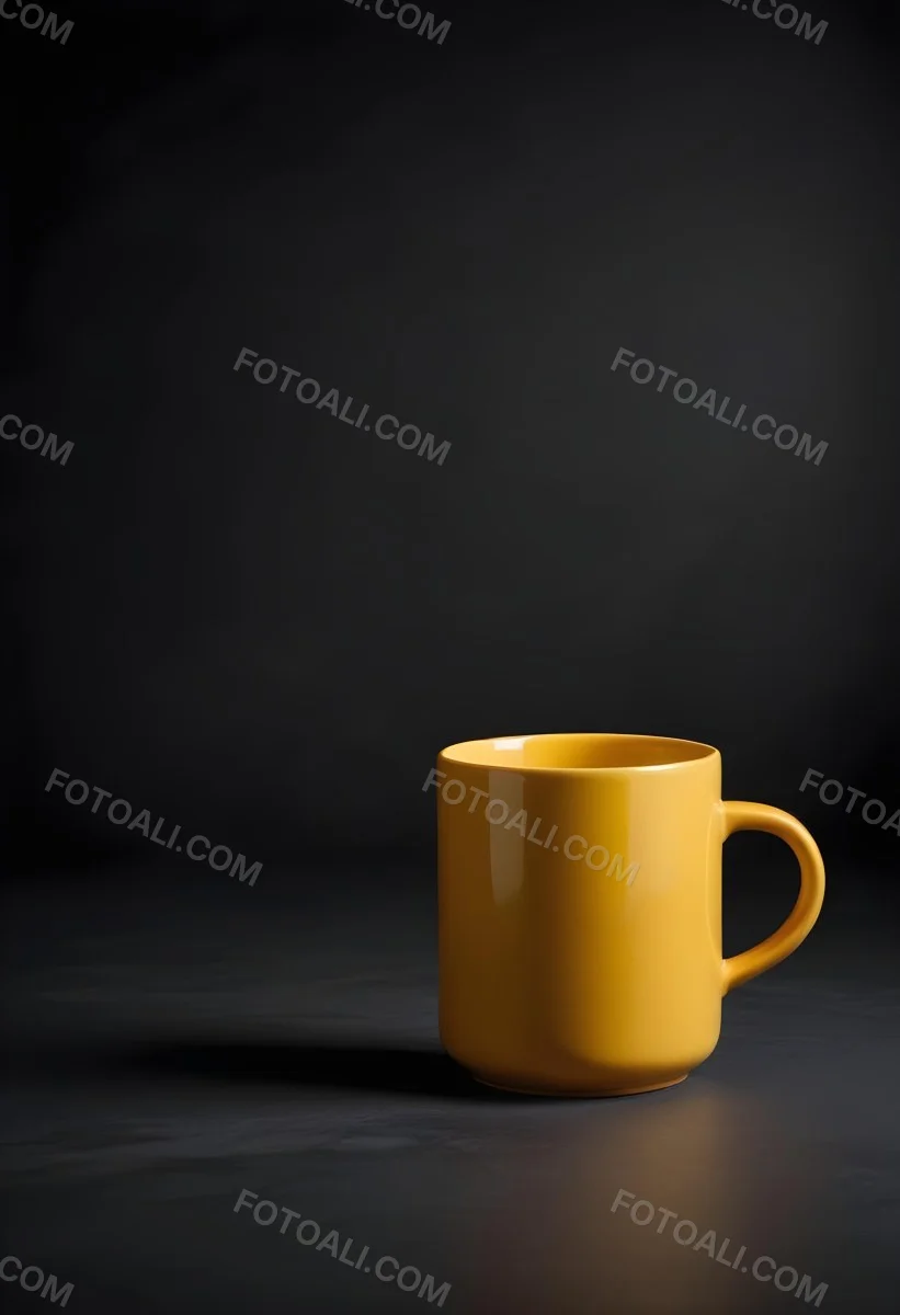 A Yellow Ceramic Mug With A Handle Standing On A Dark Surface Against A Dark Background Minimalist Composition Studio Lighting Clean And Simple 32 6079