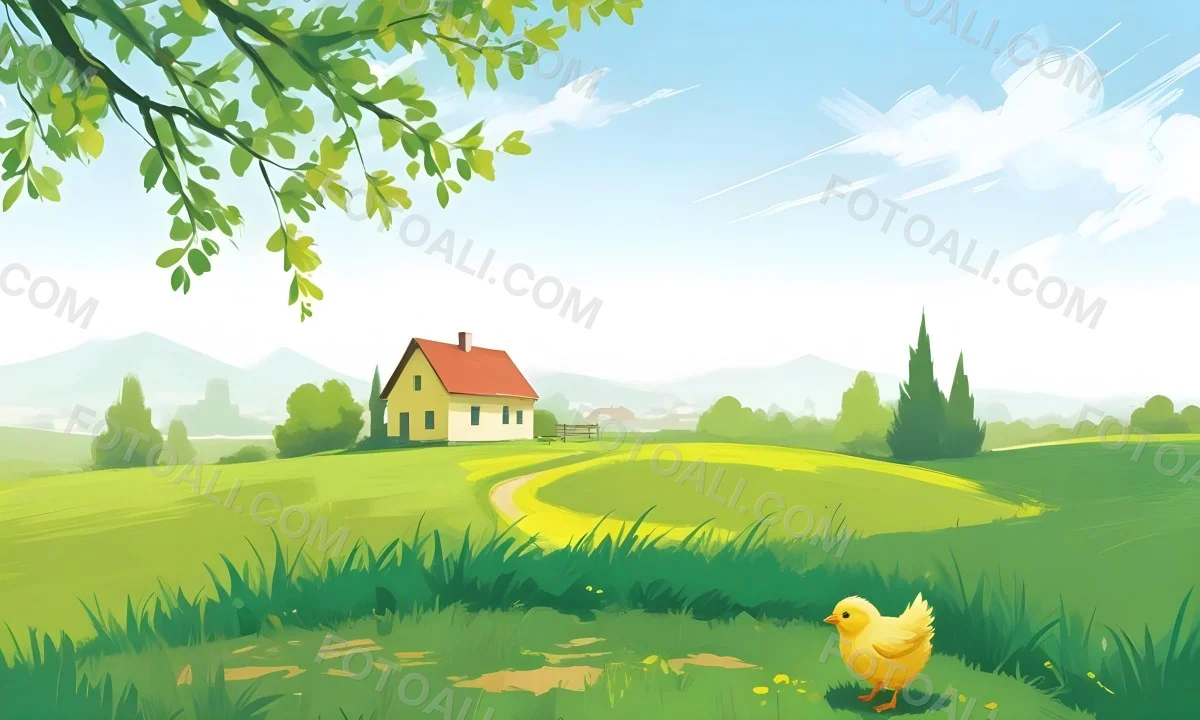 A Yellow Chick In A Green Field With A House In The Background A Path Leading To The House And A Tree Branch With Green Leaves 11 51ed