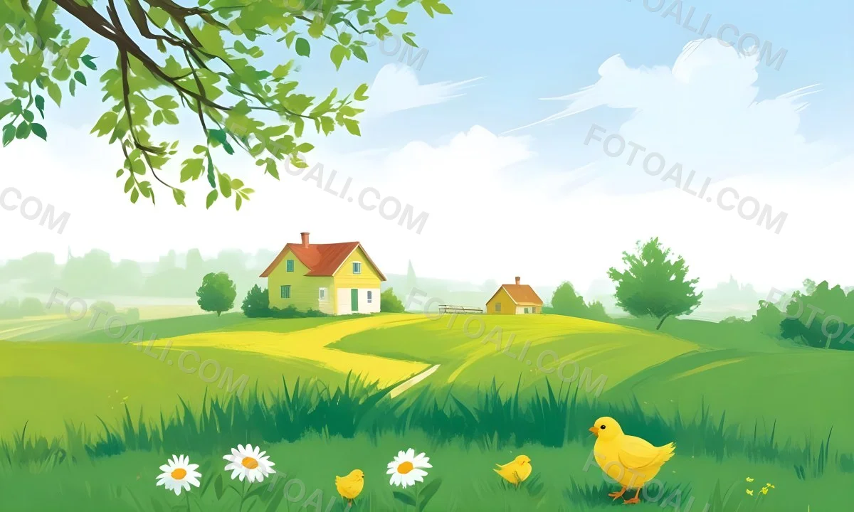 A Yellow Chick In A Green Field With A House In The Background A Path Leading To The House And A Tree Branch With Green Leaves 12 7666