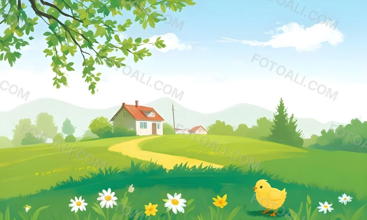 A Yellow Chick In A Green Field With A House In The Background A Path Leading To The House And A Tree Branch With Green Leaves 13 041f