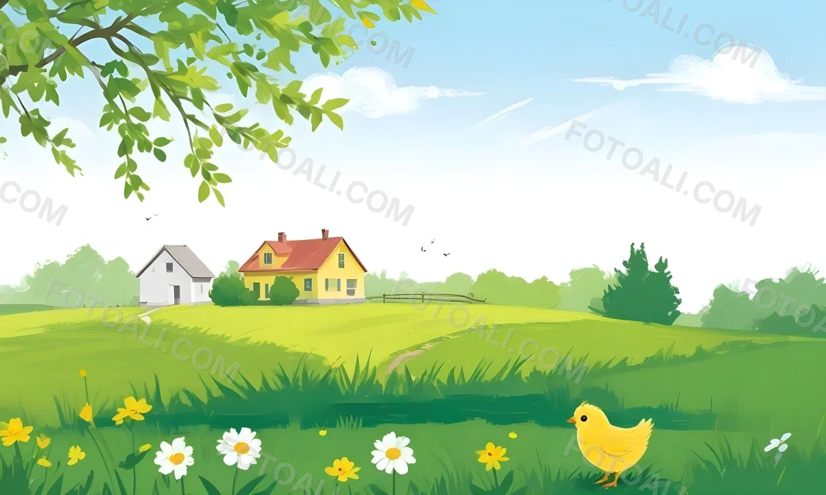 A Yellow Chick In A Green Field With A House In The Background A Path Leading To The House And A Tree Branch With Green Leaves 14 E938
